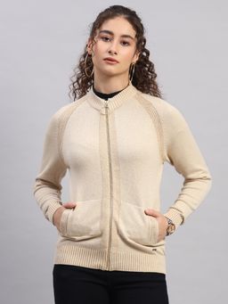 Monte Carlo - Women Beige High Neck Full Sleeve Cardigan