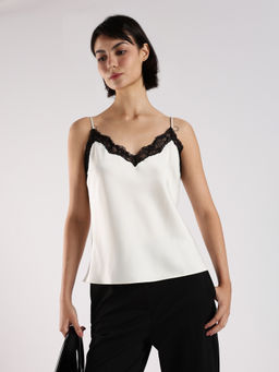 Calvin Klein - White Regular Fit Polyester Spaghetti-Straps Neck Cami Top