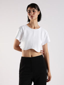 Calvin Klein - White Regular Fit Cotton Round Neck Crop Top