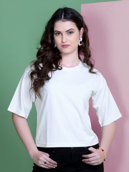 CHKOKKO - Women White Stylish Rib Knitted Cotton Top