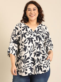 THE PINK MOON - White & Navy Floral Print V- Neck Drop Shoulder Top