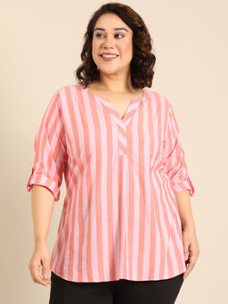 THE PINK MOON - Cotton Stripe V-Neck Top