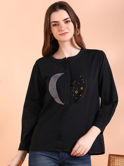Maaesa - Women Embroidered Viscose Rayon Black Shirt