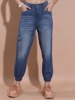 TOKYO TALKIES - Women Blue Cotton Solid Regular Jeans