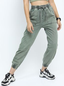 TOKYO TALKIES - Women Green Cotton Solid Regular Jeans