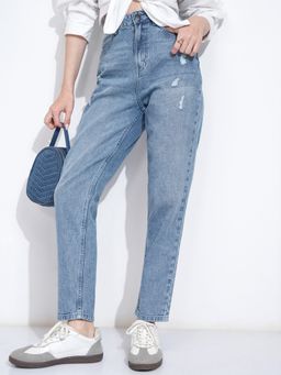 TOKYO TALKIES - Women Blue Cotton Solid Mom Jeans