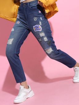 TOKYO TALKIES - Women Blue Cotton Solid Mom Jeans