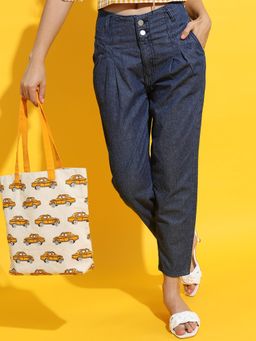TOKYO TALKIES - Women Blue Cotton Solid Mom Jeans