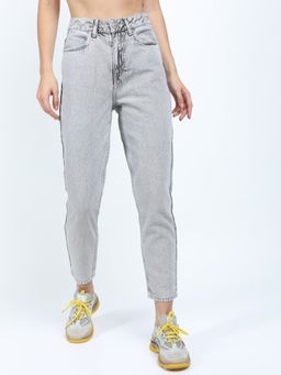 TOKYO TALKIES - Women Grey Cotton Solid Mom Jeans