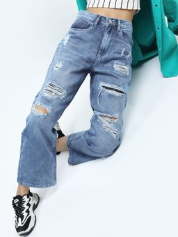 TOKYO TALKIES - Women Blue Cotton Solid Wide Jeans