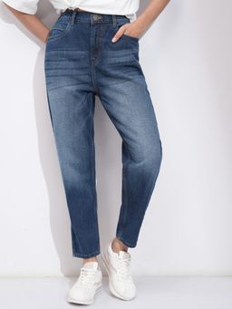 TOKYO TALKIES - Women Blue Cotton Solid Relaxed Jeans