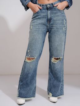 TOKYO TALKIES - Women Blue Cotton Solid Flared Jeans