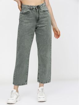TOKYO TALKIES - Women Green Cotton Solid Wide Jeans