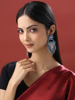 Yellow Chimes - Silver Plated Oxidised Triangular Stone Studded Drop Earrings