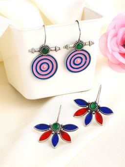 Yellow Chimes - Set of 2 Silver-Plated Stone-Studded Oxidised Drop Earrings