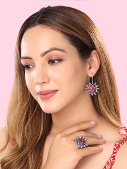 Yellow Chimes - Silver-Plated Oxidized Contemporary Drop Earrings with Finger Ring