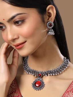 Yellow Chimes - Silver Oxidised Stone Studded Jewellery Set