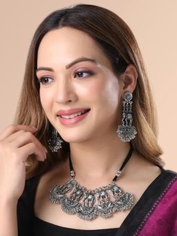 Yellow Chimes - Silver Oxidised Elephant Designed Ghungroo Studded Choker Jewellery Set