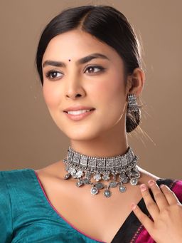 Yellow Chimes - Silver Oxidised Swan Design Dual Layer Jewellery Set