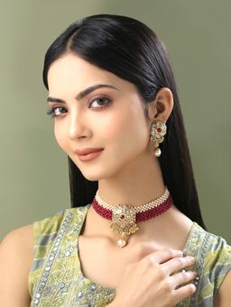 Yellow Chimes - Gold-Plated Kundan-Studded & Beaded Choker Jewellery Set