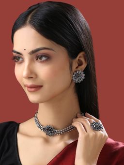 Yellow Chimes - Oxidised Silver Floral Charmed Necklace with Earrings & Ring