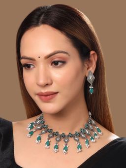 Yellow Chimes - Silver-Plated Stone-Studded & Beaded Jewellery Set