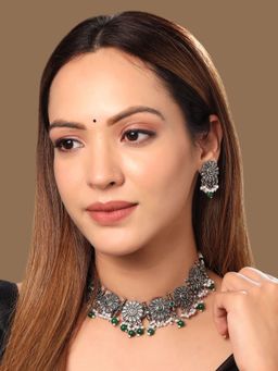 Yellow Chimes - Silver-Plated Oxidised Floral Beaded Jewellery Set