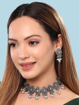 Yellow Chimes - Beads-Studded & Beaded Oxidised Necklace & Earrings