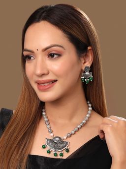 Yellow Chimes - Oxidised Moon Charmed Alloy Beaded Necklace & Earrings Set