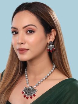 Yellow Chimes - Oxidised Moon Charmed Alloy Beaded Necklace & Earrings Set