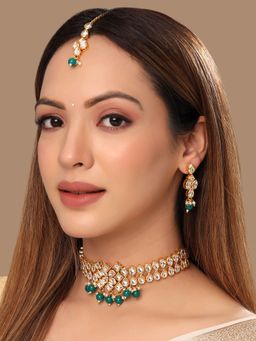 Yellow Chimes - Gold-Plated Kundan-Studded Necklace & Earrings Set with Maangtika