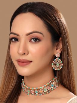 Yellow Chimes - Gold-Plated Kundan Studded & Beadded Choker Jewellery Set