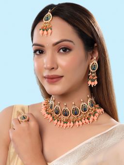 Yellow Chimes - Gold-Plated Peacock Beaded Necklace & Earrings