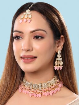 Yellow Chimes - Gold-Plated Kundan-Studded & Beaded Necklace & Earrings & Maang Tika
