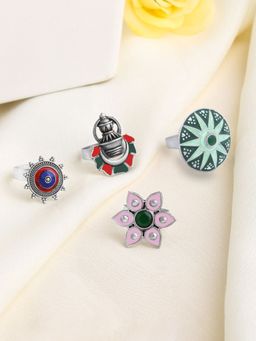 Yellow Chimes - 4 Pcs Oxidised Silver-Plated Stone-Studded Adjustable Rings