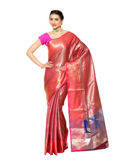 Banarasi Silk Works - Red Kanchi Silk Zari Pattu Border Saree with Unstitched Blouse