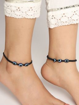 VIRAASI - Women Black & Blue Evil Eye Beaded Thread Anklets