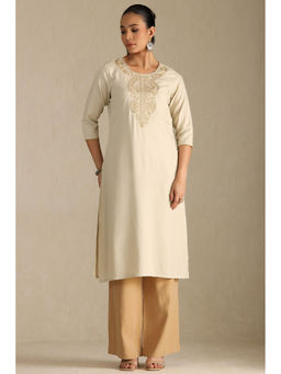 Soch - Women Beige Rayon Embroidered Kurta with Thread Work