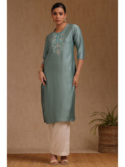 Soch - Women Teal Linen Embroidered Kurta with Zari