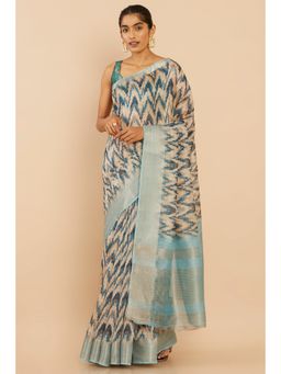 Soch - Women Beige Chanderi Printed Saree with Unstitched Blouse