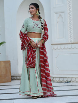 Mulmul - Rahana Tea Green & Maroon Lehenga (Set of 3)