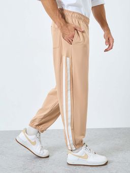 Styli - Men Beige Side Contrast Stripes Relaxed Fit Terry Joggers