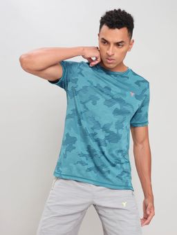 Technosport - Men Blue Jacquard Slim Fit Round Neck Sports T-Shirt with Double Cool