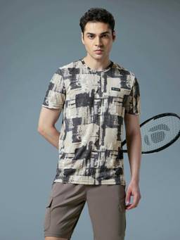 Technosport - Men Black Abstract Print Slim Fit Round Neck Sports T-Shirt with Technocool+
