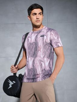 Technosport - Men Purple Abstract Print Slim Fit Round Neck Sports T-Shirt with Technocool+