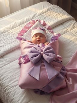 BABY AROOSA - Purple Cotton Solid Swaddle With Beanie & Bow (0-6 Months)