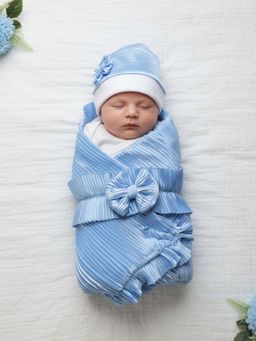 BABY AROOSA - Blue Cotton Pleated Swaddle With Beanie & Bow (0-6 Months)