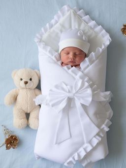 BABY AROOSA - White Cotton Solid Swaddle With Beanie & Bow (0-6 Months)