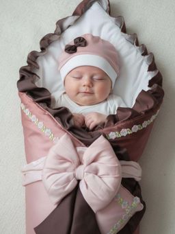 BABY AROOSA - Brown Cotton Solid Swaddle With Beanie & Bow (0-6 Months)