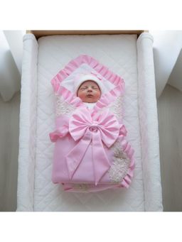 BABY AROOSA - Pink Cotton Floral Swaddle With Beanie & Bow (0-6 Months)